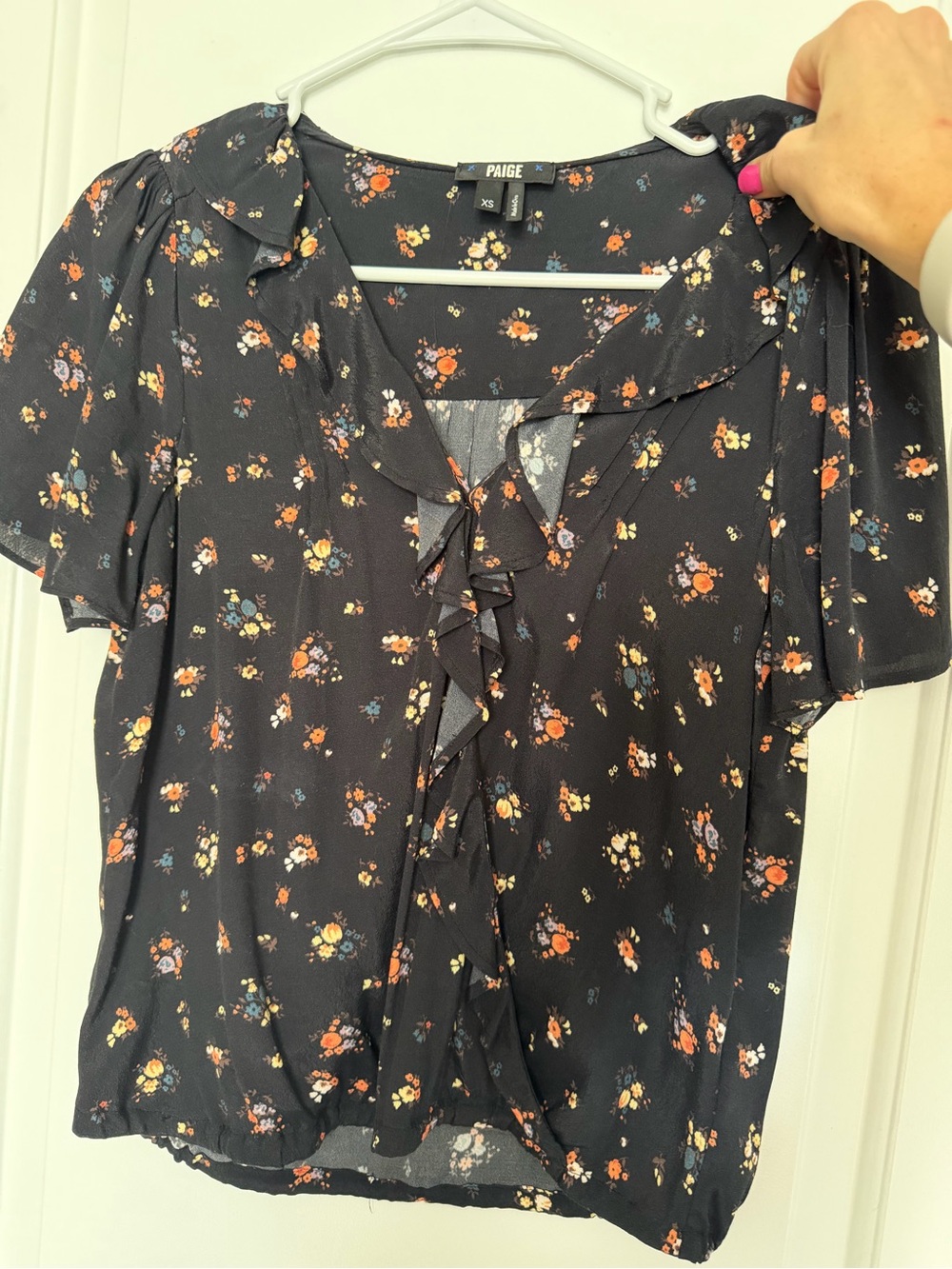PAIGE Black Floral Ruffle-Front Blouse with Orange & Yellow Accents